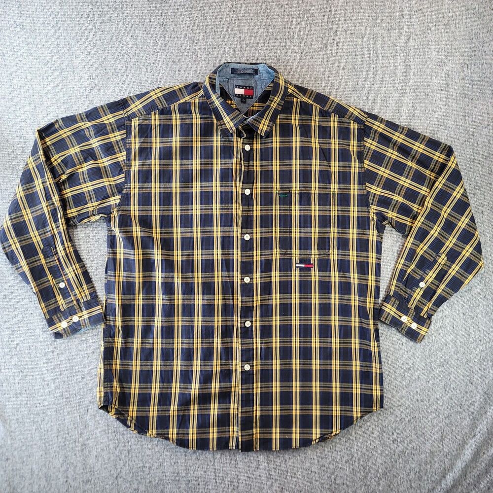 Vintage Tommy Jeans Button Up Shirt Men's L Navy Yellow Plaid 90s
